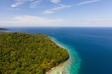 Mercan resifli yeşil ada. Camiguin Adası Sahili, Filipinler, yukarıdan görünümü.