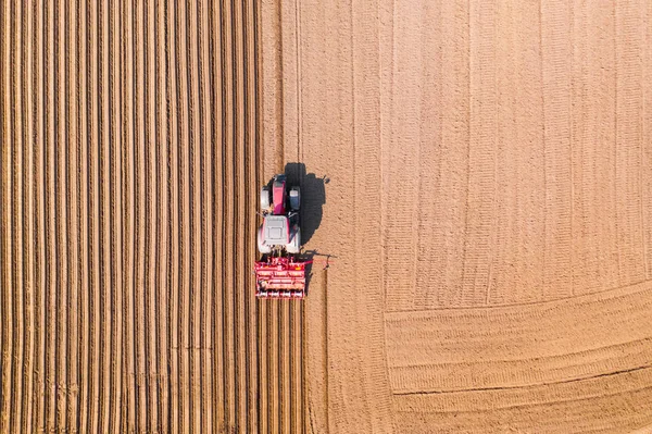 Tarım arazisinde disk harrows ile Traktör, üst görünümü. Traktör sürülmüş bir tarlada kırışıklıkları keser. Traktör ile tarımsal çalışmalar.