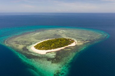 Mantigue Adası, Filipinler. Tropik bir ada ile mercan adası. Beyaz bir plaj ve tropikal ağaçlar ile yuvarlak bir ada.