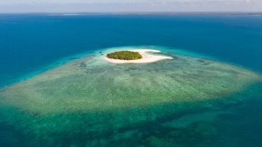 Patawan adası. Beyaz kumlu plaj ile küçük tropikal ada. Mercan adasında güzel bir ada, yukarıdan görünümü.