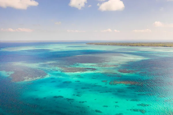 Coral reefs and atolls in the tropical sea, top view.