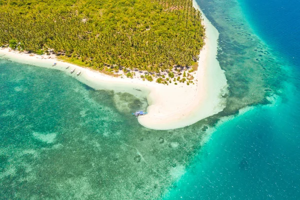 Ostrov patongong, Palawan, Filipíny. Tropický ostrov s palmovým lesem a bílým pískem. Atatoll se zeleným ostrovem. — Stock fotografie