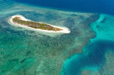 Mercan resifi ile mavi denizde kumlu plaj ile Tropikal ada Canimeran, üst görünümü. Balabac, Palawan, Filipinler.