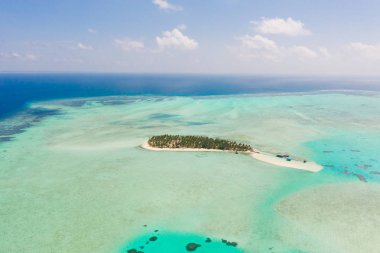 Onok Adası Balabac, Filipinler. Büyük bir mercan adasında beyaz kum adası, yukarıdan görünümü. Palmiye ağaçları ile tropikal ada.