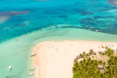 Daco adası, Filipinler. Palmiye ağaçları ve beyaz kumlu plajda bungalovlar. İnsanlar tropik bir adada rahatlarlar..