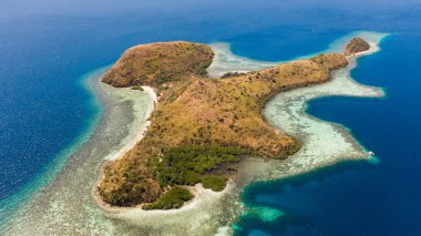 Beyaz plaj ve resifleri ile Tropikal ada, yukarıdan görünümü.