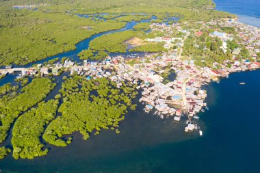 Su ve mangrovlarda kasaba, en iyi manzara. Siargao adasının kıyısı.