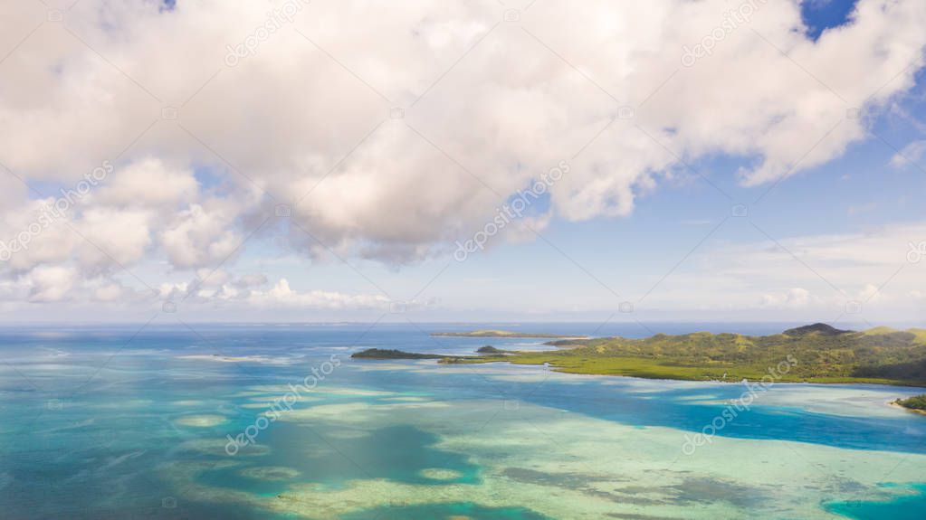 Bucas Grande Island, Philippines. Beautiful lagoons with atolls and islands, view from above.