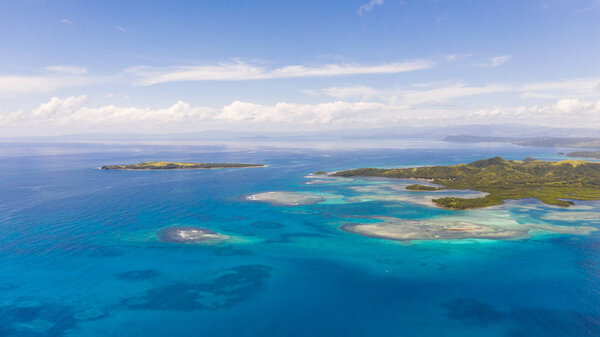 Bucas Grande Island, Philippines. Beautiful lagoons with atolls and islands, view from above.