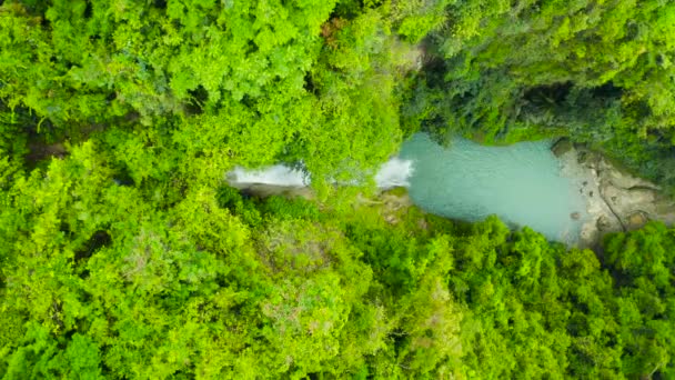 緑の森の中の美しい滝、トップビュー。熱帯イナムバカン山のジャングルの滝,フィリピン,セブ.熱帯雨林の滝. — ストック動画