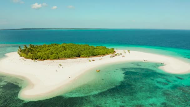 Patawan adası. Beyaz kumlu plaj ile küçük tropikal ada. Mercan adasında güzel bir ada, yukarıdan görünümü. — Stok video