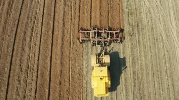 Tractor met schijf Eggen op landbouwgrond, Top uitzicht. Trekker snijdt groeven in een geploegd veld. Landbouw werk met een tractor. — Stockvideo
