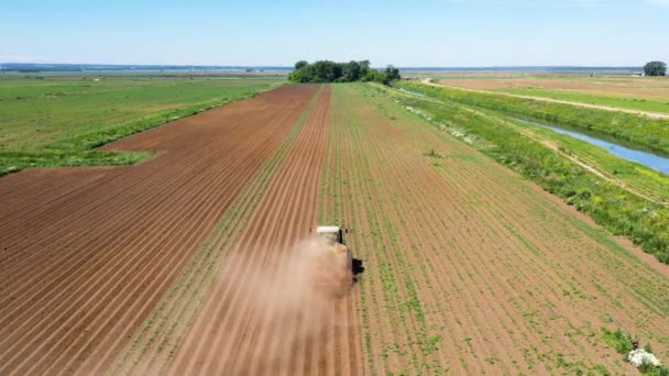 Zemědělské stroje na bramborovém poli obdělávají půdu. — Stock video