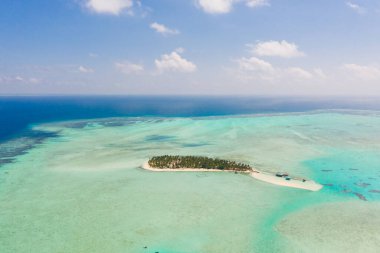 Onok Adası Balabac, Filipinler. Büyük bir mercan adasında beyaz kum adası, yukarıdan görünümü. Palmiye ağaçları ile tropikal ada.
