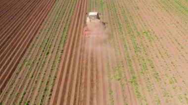 Patates tarlasında tarım makineleri toprağı işliyor.