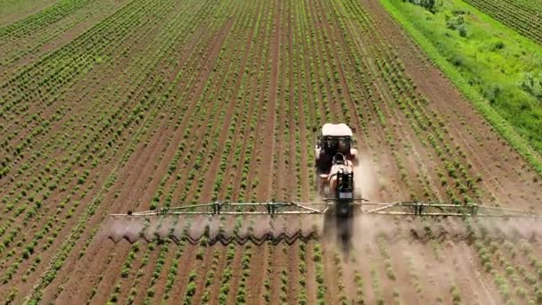 살충제를 살충제와 함께 채소 밭에 뿌리는 트랙터 — 비디오