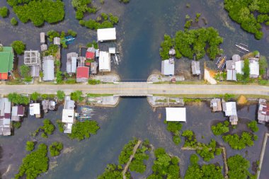 Köy ve deniz yolu, yukarıdan manzara. Mangrovların arasında evler.