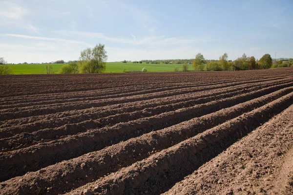 Colours of spring - ploughed field ready to sow. Agricultural fields in Russia. — Stock Photo, Image
