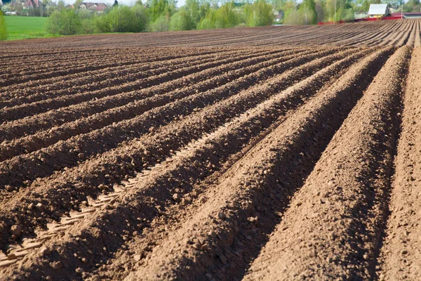 Colours of spring - ploughed field ready to sow. Agricultural fields in Russia. — Stock Photo, Image