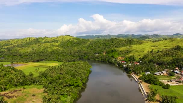 Güneşli havada tropik bir manzara. Nehir kenarındaki köy. Filipinlerin doğası, Samar. — Stok video