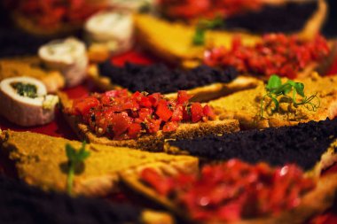 Tost baget dilimleri üzerinde lezzetli tuzlu domates İtalyan meze, ya da bruschetta, yakın