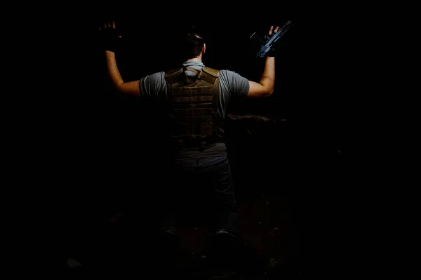Soldado Desonesto Equipamento Combate Com Arma Mão — Fotografia de Stock