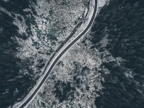 Road curve wintery forest aerial view