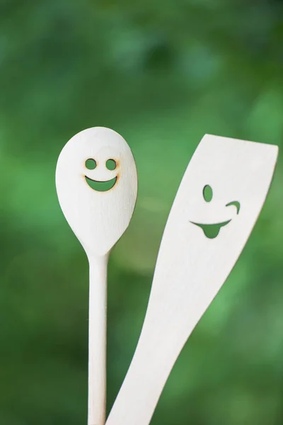 Divertido Hacer Caras Cucharas Madera Poco Profundo Dof — Foto de Stock