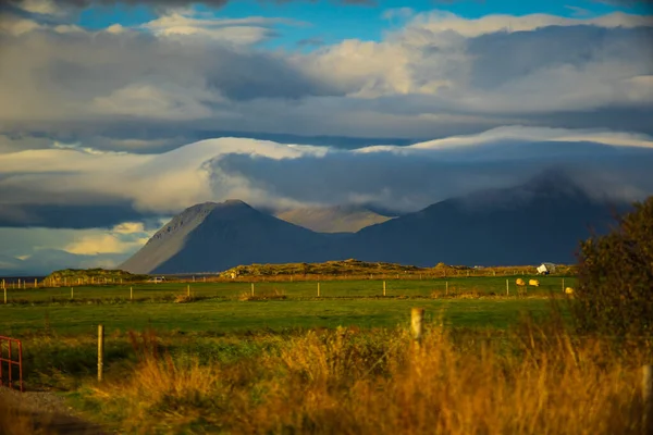 Dramatik Bulutlar Altında Koyun ve Dağları Olan İzlanda Kırsal Bölgesi