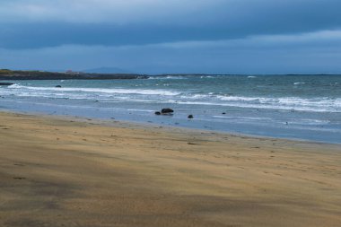 Okyanus dalgaları ve bulutlu gökyüzü ile İzlanda kumlu plajı