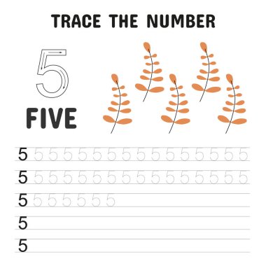 El yazısı alıştırması için 5 numara ve saymak için 5 illüstrasyon yaprağı olan çocuklar için numara izleme çalışması