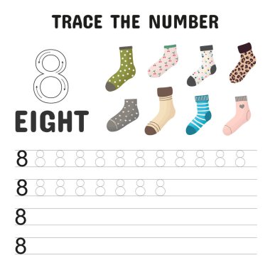 Sekiz renkli çorap, el yazısı alıştırması çizgileri ve etkinlik sayımı içeren anaokulu öğrencileri için 8 numaralı çalışma listesi.