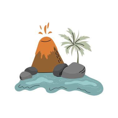 Kayalar ve Palmiyelerle Volkan Adası İllüstrasyonu Patlaması