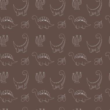 Güzel dinozorlar, kaktüsler ve kahverengi arka planda yapraklarla el çizimi sanat tarzında kusursuz bir dinozor deseni.. 