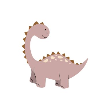 Kahverengi dikenli ve bej benekli dost canlısı dinozor, gülümsüyor ve beyaz arka planda duruyor.