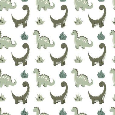 Beyaz Arkaplanda Kusursuz Yeşil Dinozor Deseni