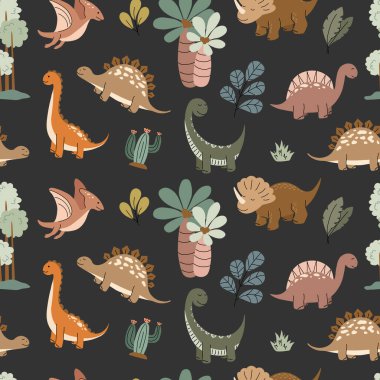 Koyu arkaplanda çeşitli renkli dinozorlar, palmiye ağaçları, yapraklar, kaktüsler ve tarih öncesi elementlerden oluşan kusursuz bir desen. Ben...
