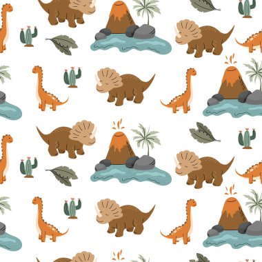 Güzel triceratops dinozorları, patlayan volkanlar, palmiye ağaçları, kaktüs, su ve beyaz arka planda yapraklar içeren kusursuz desenler.