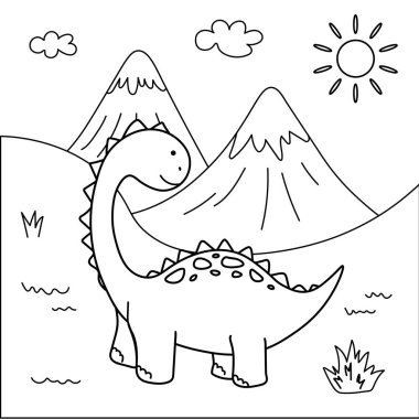 Dikenli Dinozor Boyama Sayfası Sevimli. Sırtında tabaklar olan neşeli bir dinozor dağlar, güneş, bulutlar ve çimlerle tarih öncesi manzarada duruyor..