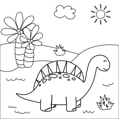 Bu sevimli siyah ve beyaz renkli sayfa, sırtında plakalar olan gülümseyen bir dinozoru temsil ediyor. Tropikal tarih öncesi bir manzarada, palmiye ağaçları, güneş, bulutlar, çimenler ve yuvarlanan tepelerde duruyor.