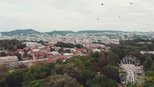 Karusell Och Pariserhjul Nöjesparken Drönare Som Flyger Över Skönhet Stadsbilden — Stockvideo