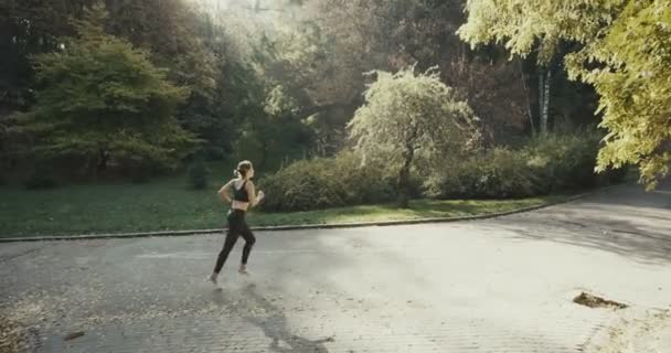Жінка біжить в парку, займається фітнес-трекером на відкритому повітрі — стокове відео
