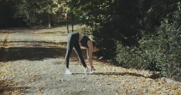 Ejercicios de yoga y pilates en el césped en la mañana soleada. Mujer atlética en el prado con hierba verde en el parque — Vídeo de stock