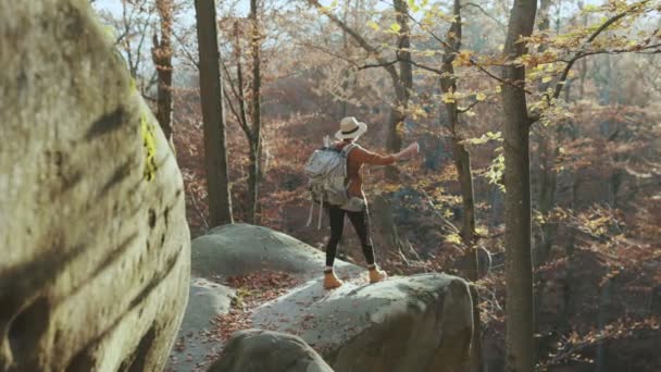Nöjda resenärer flicka i kappa med ryggsäck och filt hatt säger wow, titta runt och isolerad på solig dag — Stockvideo