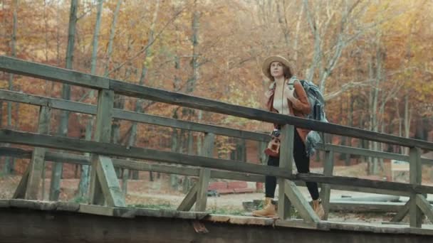 Jolie fille portant des vêtements décontractés marchant dans les escaliers en bois. Superbe fille en chapeau mignon se retournant. Automne — Video