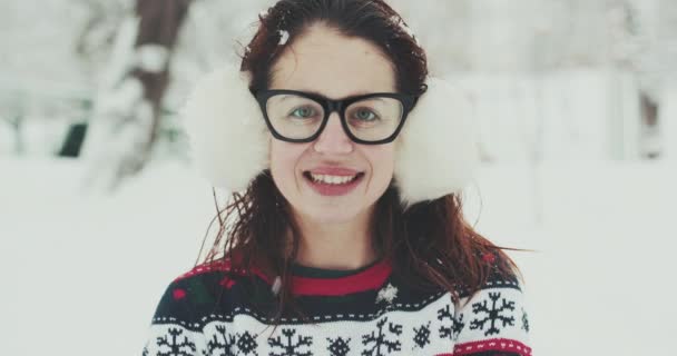 Feche o retrato da menina feliz com amortecedores de orelha, no parque de inverno gelado. Flocos de neve voadores. Sorrindo para a câmera, humor alegre alegre, emoções — Vídeo de Stock