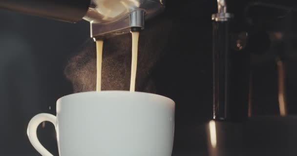 Preparando e servindo café fresco em uma cafeteria de luxo. Máquina de café derramando café expresso na xícara — Vídeo de Stock