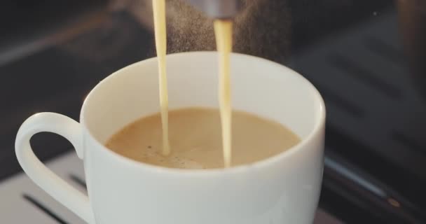 Koffiezetapparaat gieten espresso in cup. — Stockvideo