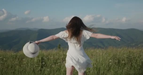 A menina grita com felicidade no topo da montanha — Vídeo de Stock