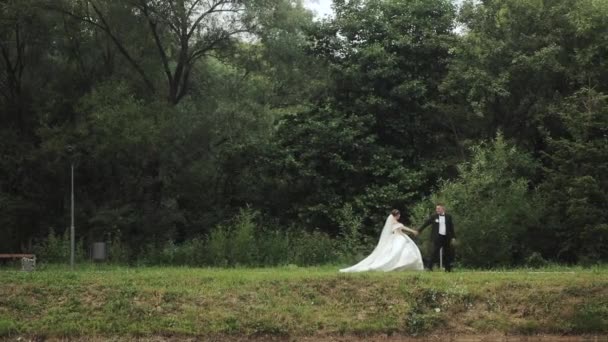 Пара у весільній сукні проходить через ліс. Пара ходить між деревами. Весільна сукня на нареченій. Весільна прогулянка. Весілля . — стокове відео